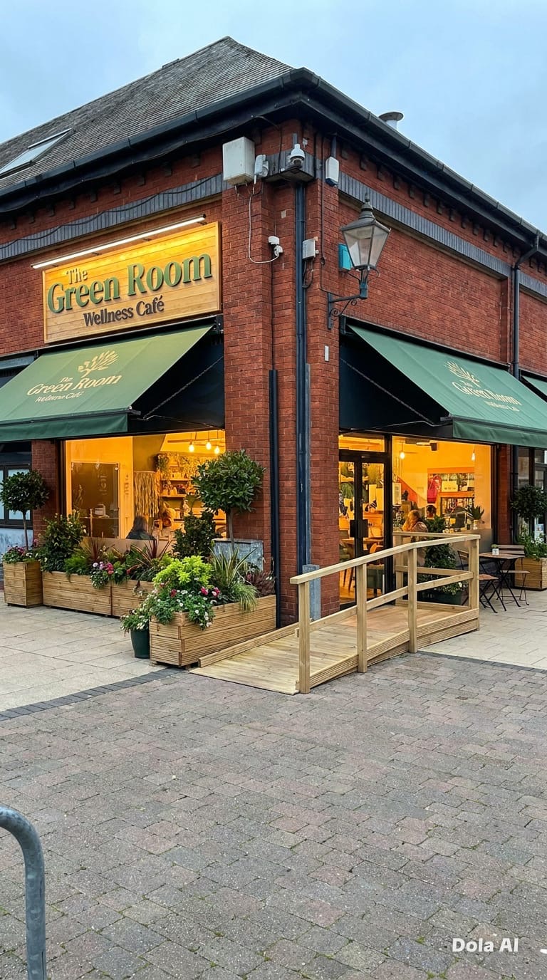 The Green Room — Wellness Café concept rendering — corner unit with gold signage, deep-green awnings, wooden decking with planters, disability access ramp, warm interior visible through large windows